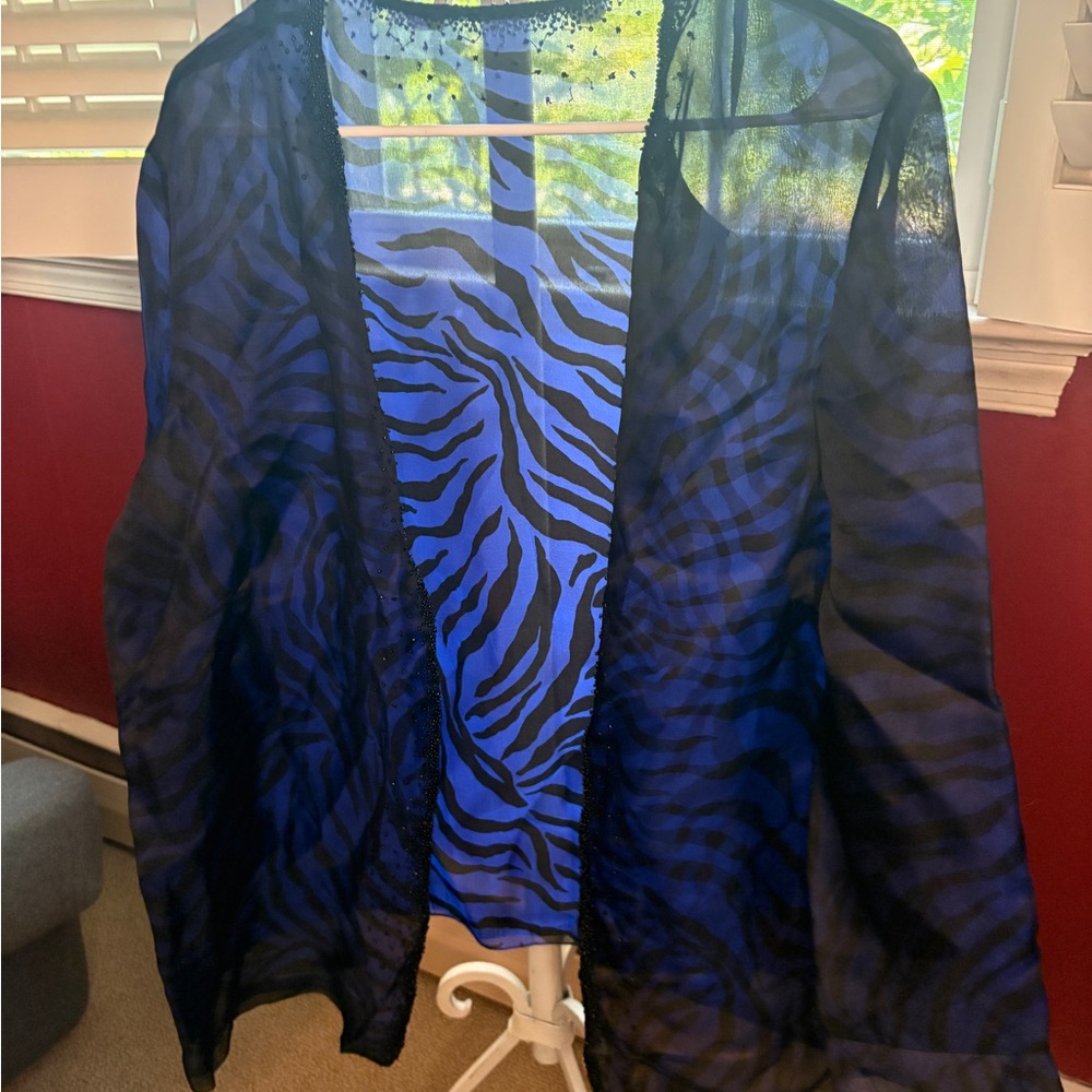 Blue and Black Zebra Print Sheer Kimono Formal Jacket